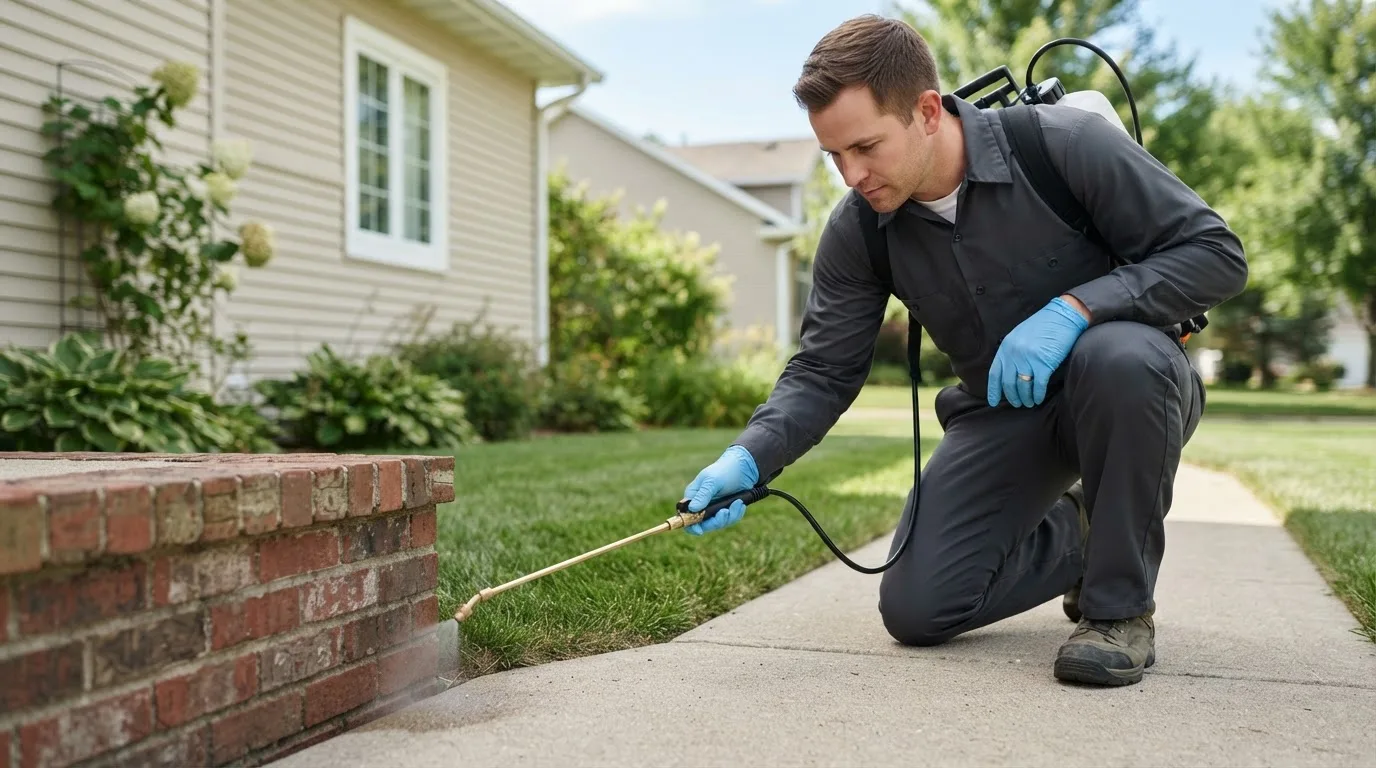 Pest control technician treating a home near Maple Plain, MN